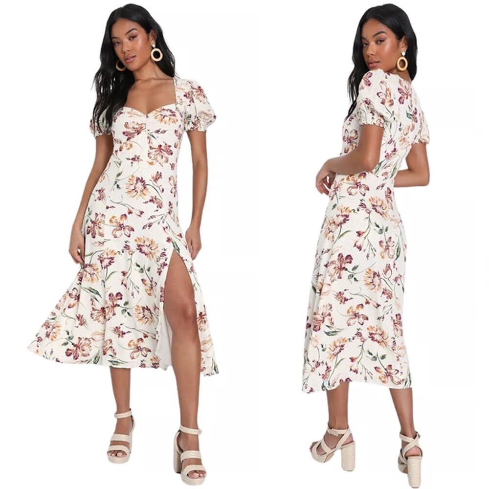 Lulus Parisian Picnic Floral Midi Dress Womens Sz Medium Wedding Guest Party